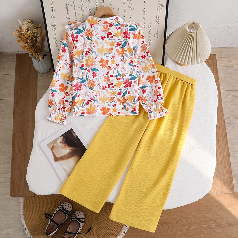 Girls 8‑12Y Spring Autumn Fashion Outfit Floral Pattern Ruffle Cuff Blouse And Bow‑Accent Loose Wide‑Leg Pant 2‑Piece Set