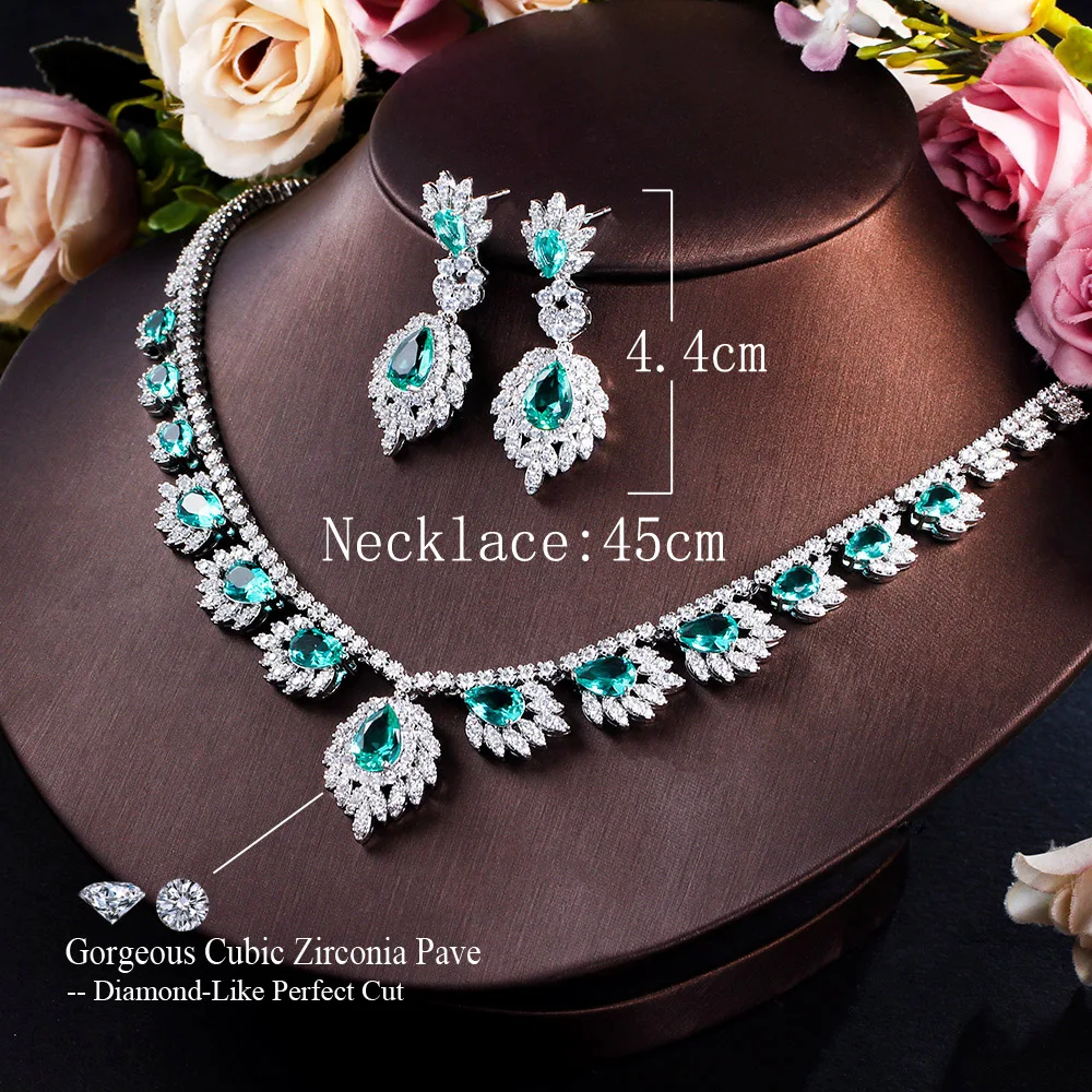 CWWZircons 2Pcs CZ Green Cubic Zircon Dangle Drop Feather Wedding Bouquet Brides Jewelry Sets Luxury Necklace and Earrings T631