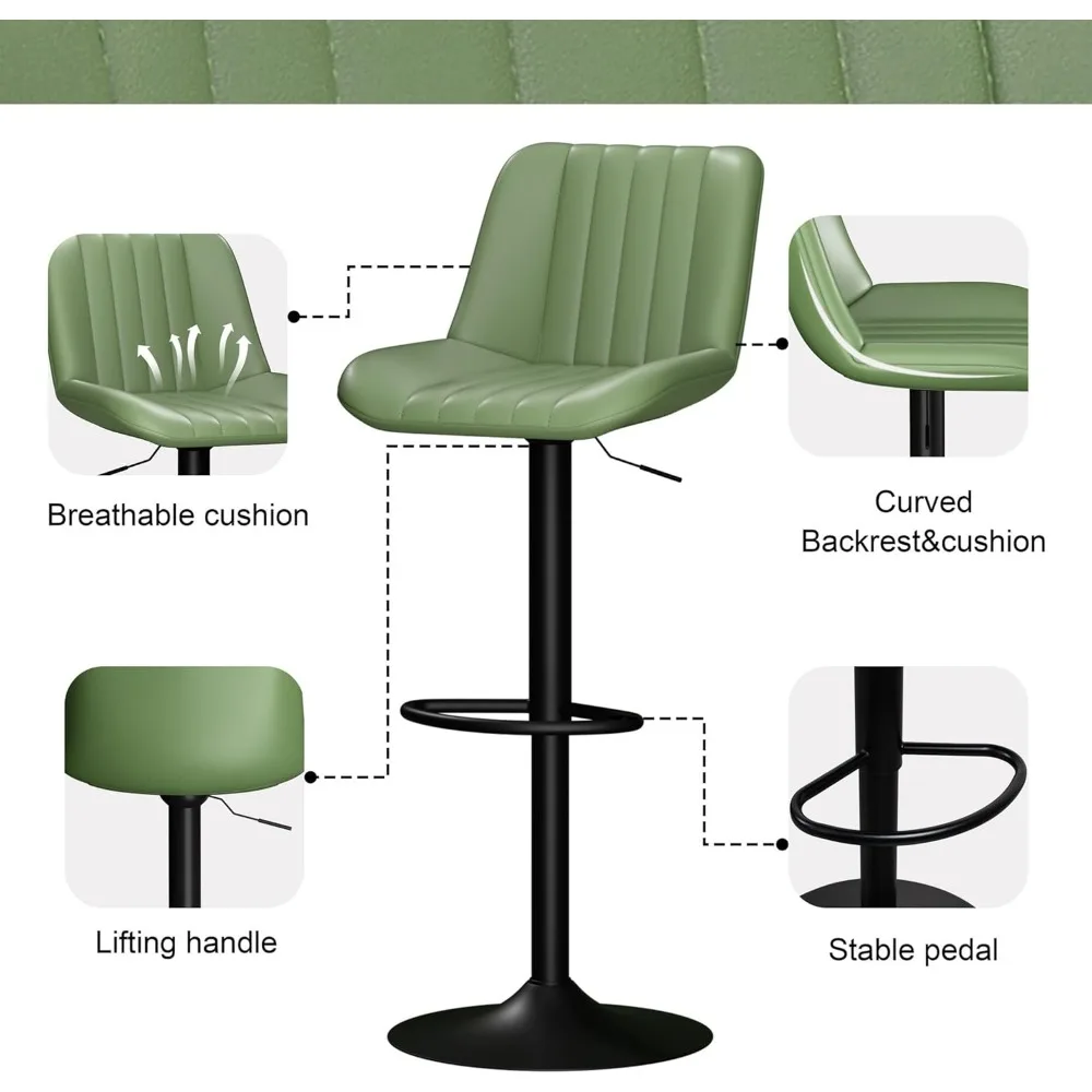 Set of 4 Swivel Adjustable Leather Bar Stools, Green, for Kitchen Island Counter Height