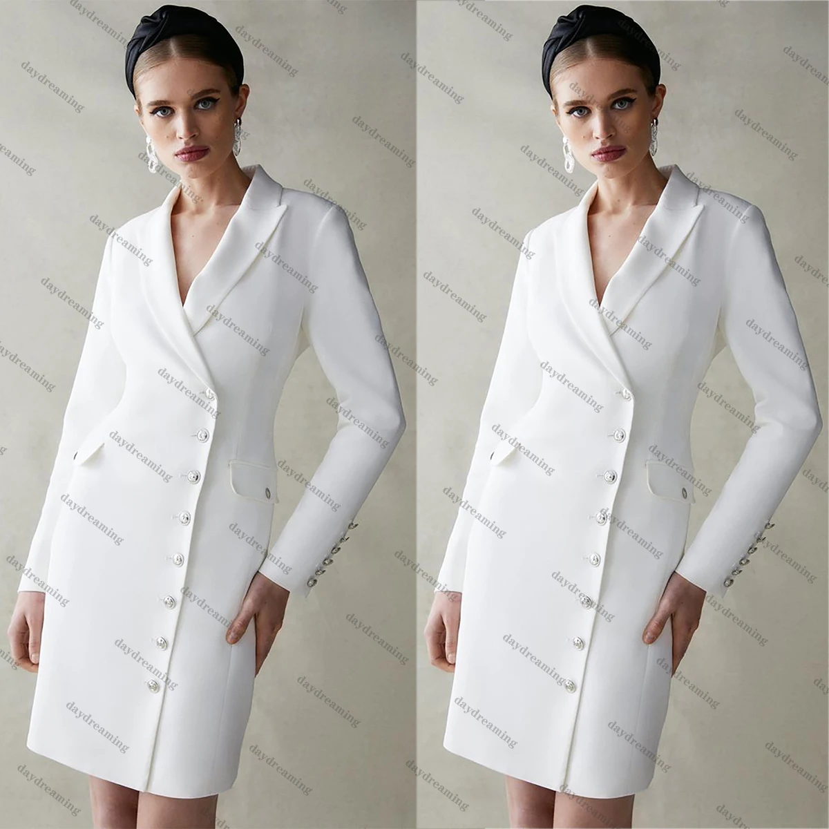 White Peaked Lapel Women Dress Simple Single Breasted Gown Custom Made Daily KneeLength Full Sleeve Dresses 1 Piece