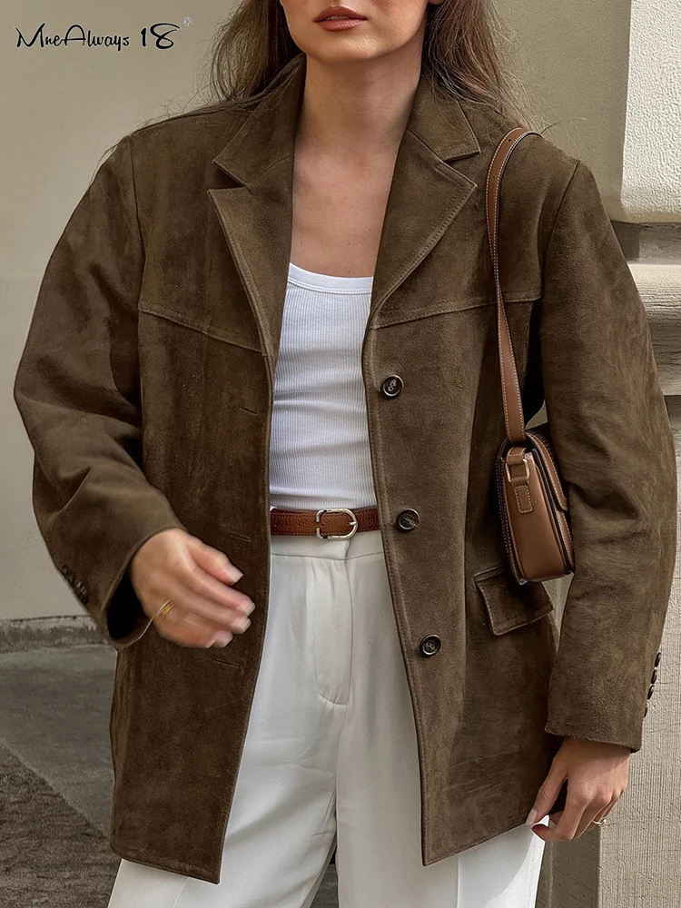 

Mnealways18 Suede Vintage Brown Women's Jackets Blazers Notched Long Sleeves Oversize New In Outerwear Autumn Winter 2024 Office