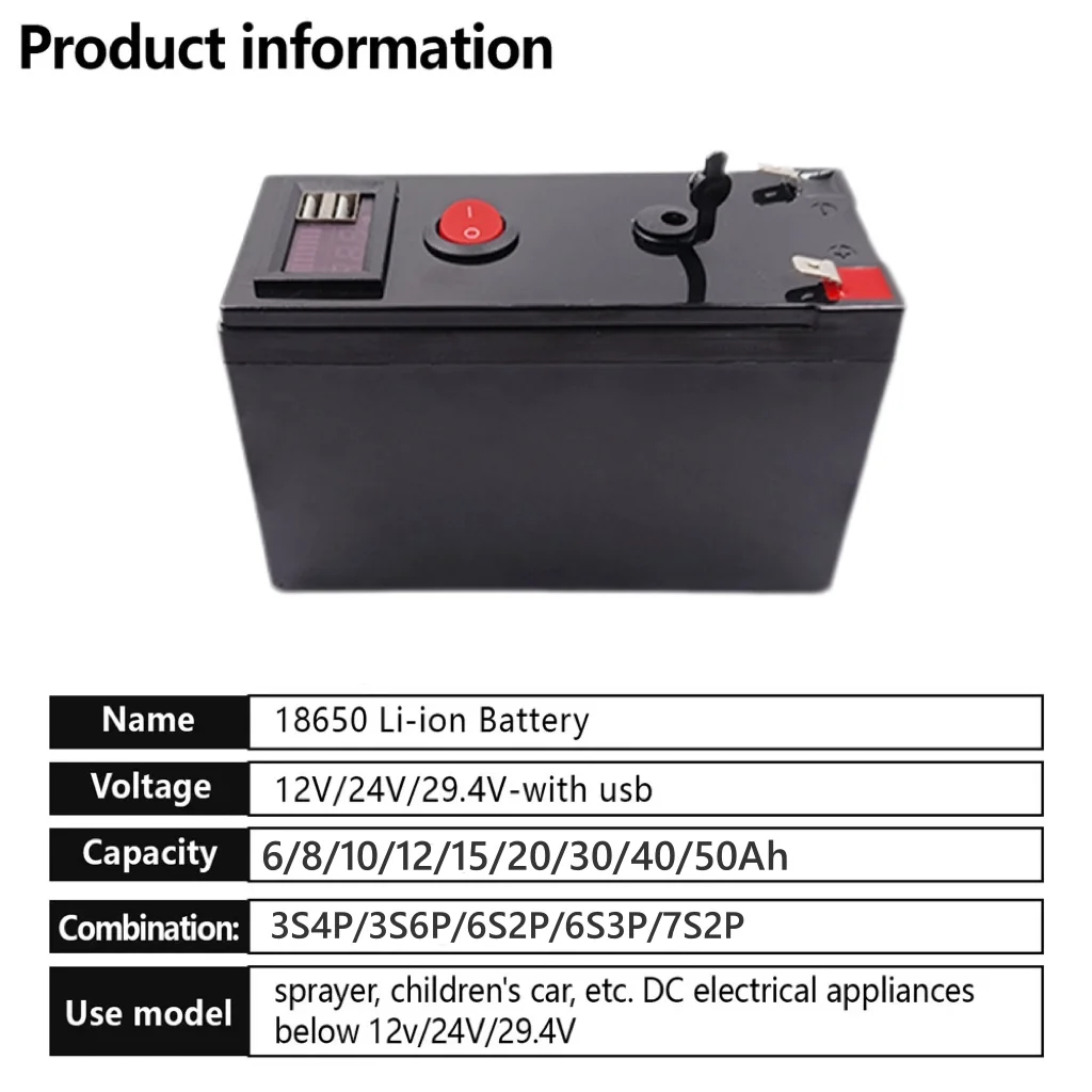 

12V/24V Lithium Battery Original Built-In USB 50Ah Rechargeable 18650 Batteries Pack Power Display Port with Charger