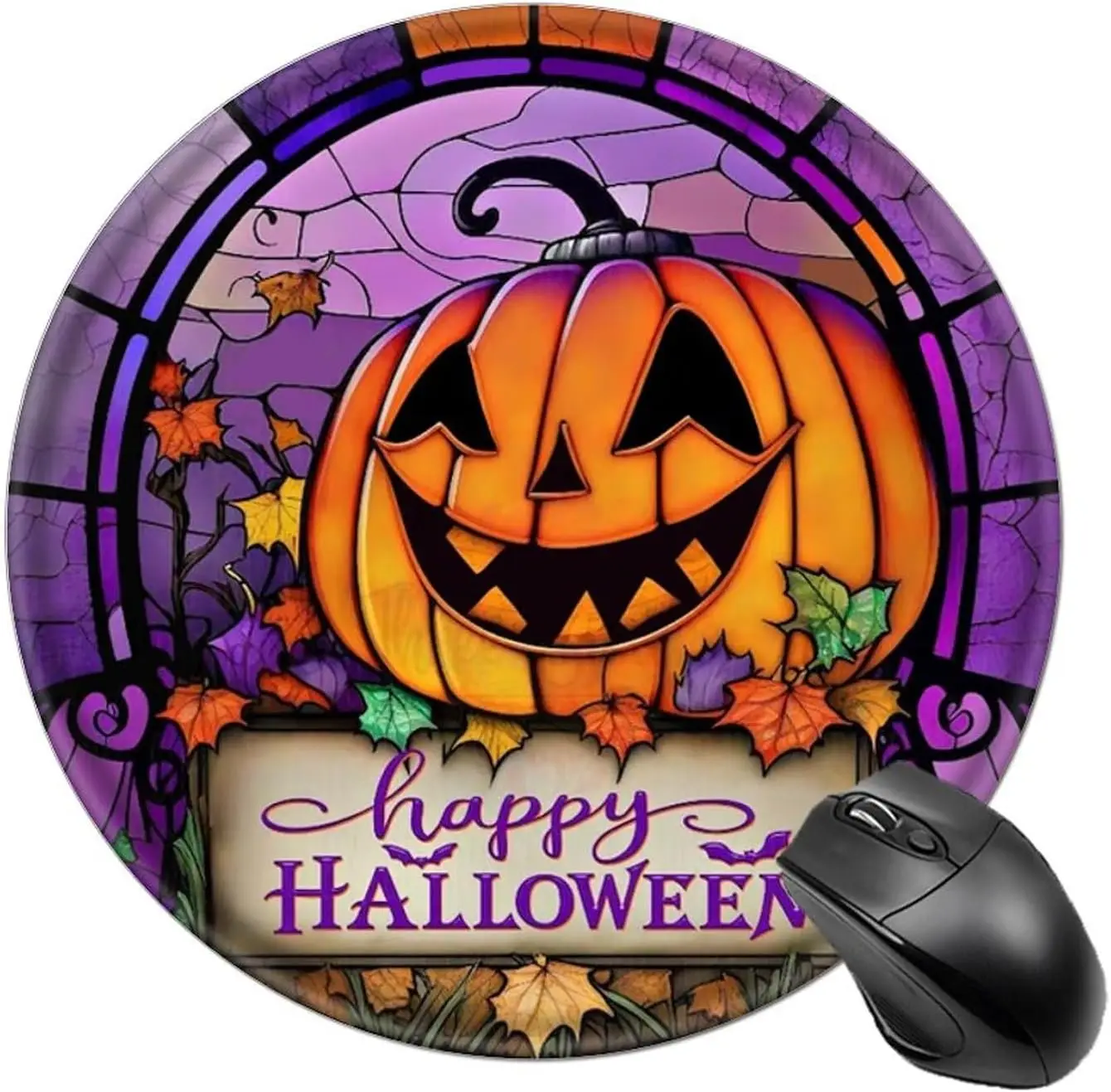 Orange Pumpkin,Stained Glass Effect,Happy Halloween Round Mouse Pad,Keyboard Pad,Non-Slip Rubber Base Mousepad for Laptop,Comput