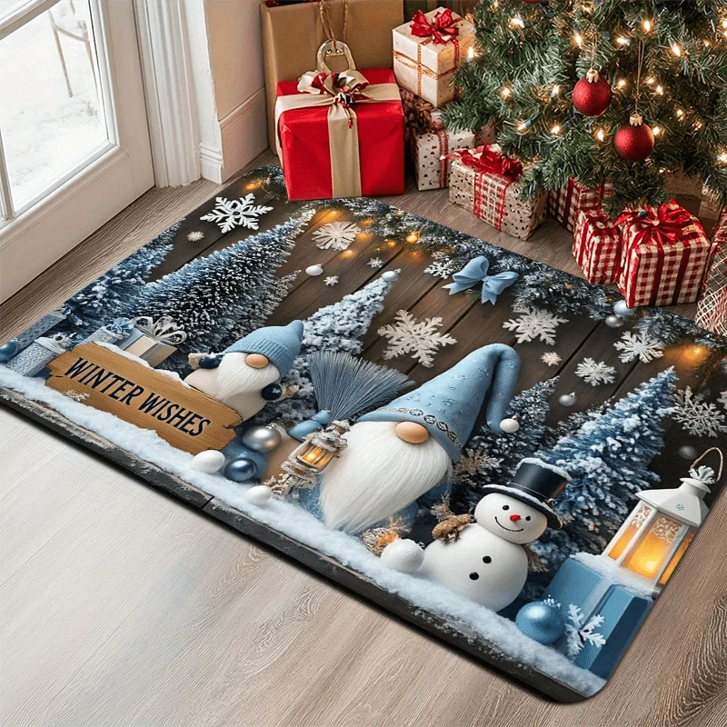 Blue Winter Gnome Christmas Flannel Door Mat Snowman Pine Tree Snowflake Print Non‑Slip Floor Rug for Indoor Entry Holiday Decor