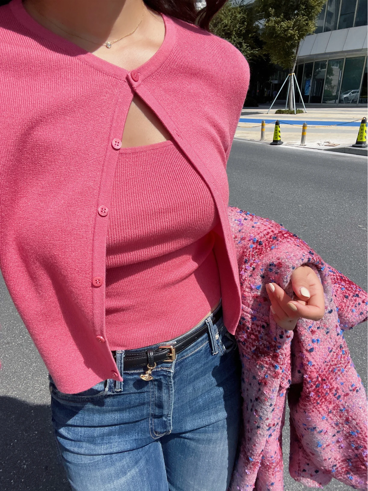 

Элегантный вязаный кардиган-накидка из шелковой пряжи TZCOX, комплект из двух предметов: розовый цвет бобовой пасты, для ранней осени.