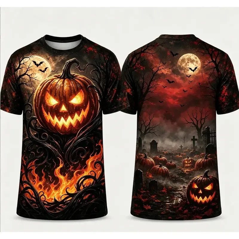 Halloween Full Print Short Sleeve Graphic Tee Unisex Reaper Ghost Witch Flame Pumpkin Trick or Treat Costume Party T Shirt