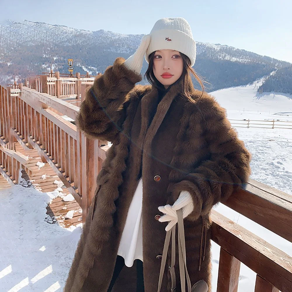 Fashion Lapel Long Faux Mink Fur Coat Woman Winter Coats Thick Warm Furry Fur Jacket Faux Fur Outerwears New In Coats Jackets