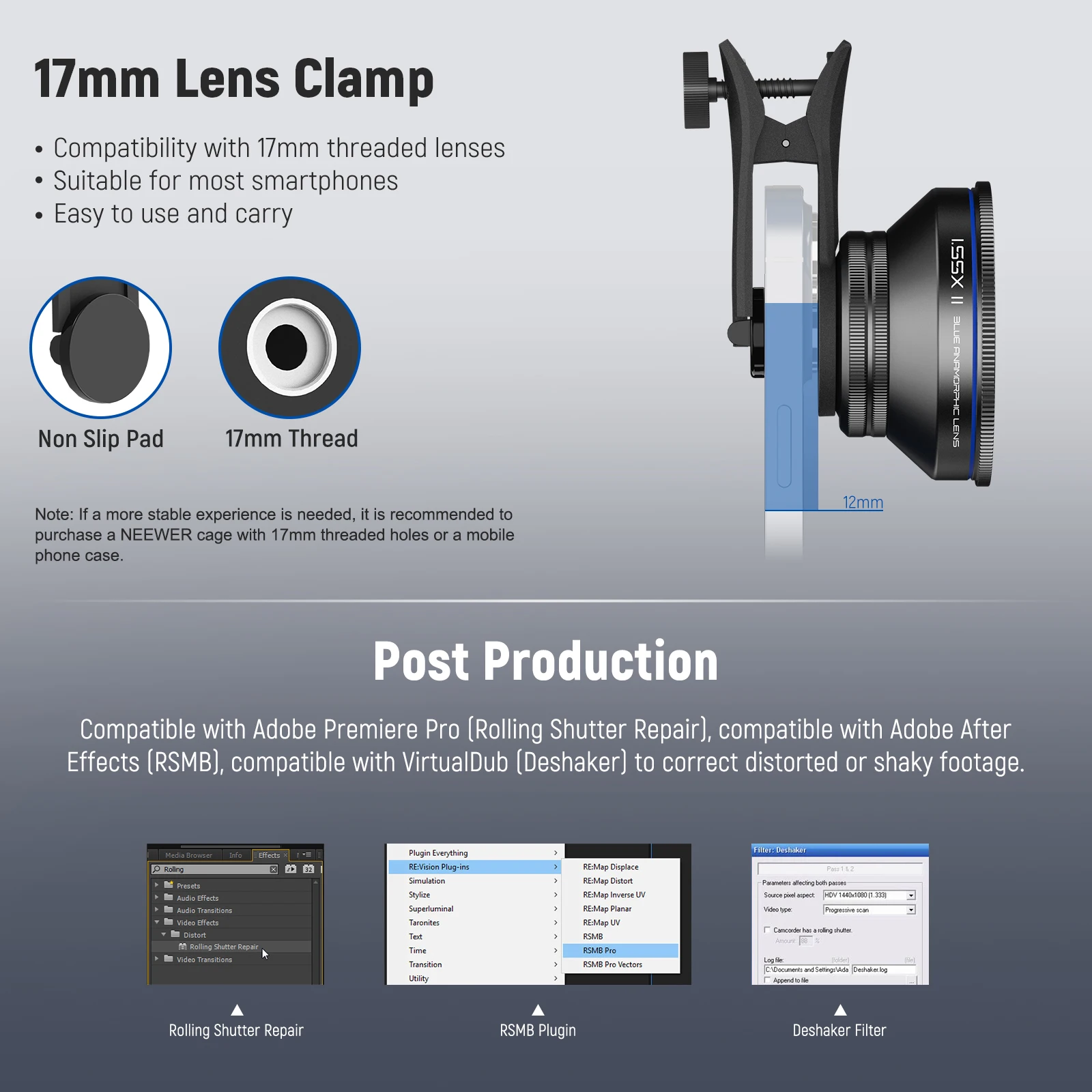 NEEWER PRO 1.55x Anamorphic Phone Lens with Blue Flare 17mm Lens Clamp and 72mm Lens Filter Adapter Ring For iPhone Samsung