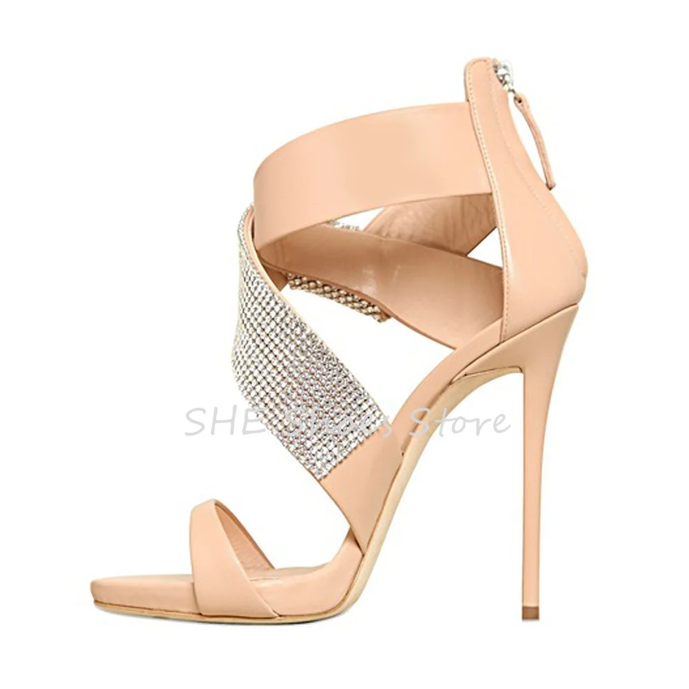 

Luxury Crystal Crossed Strappy Women Sandals Summer Stiletto High Heels Buckle Strap Pumps Ladies Zipper Party Dress Shoes