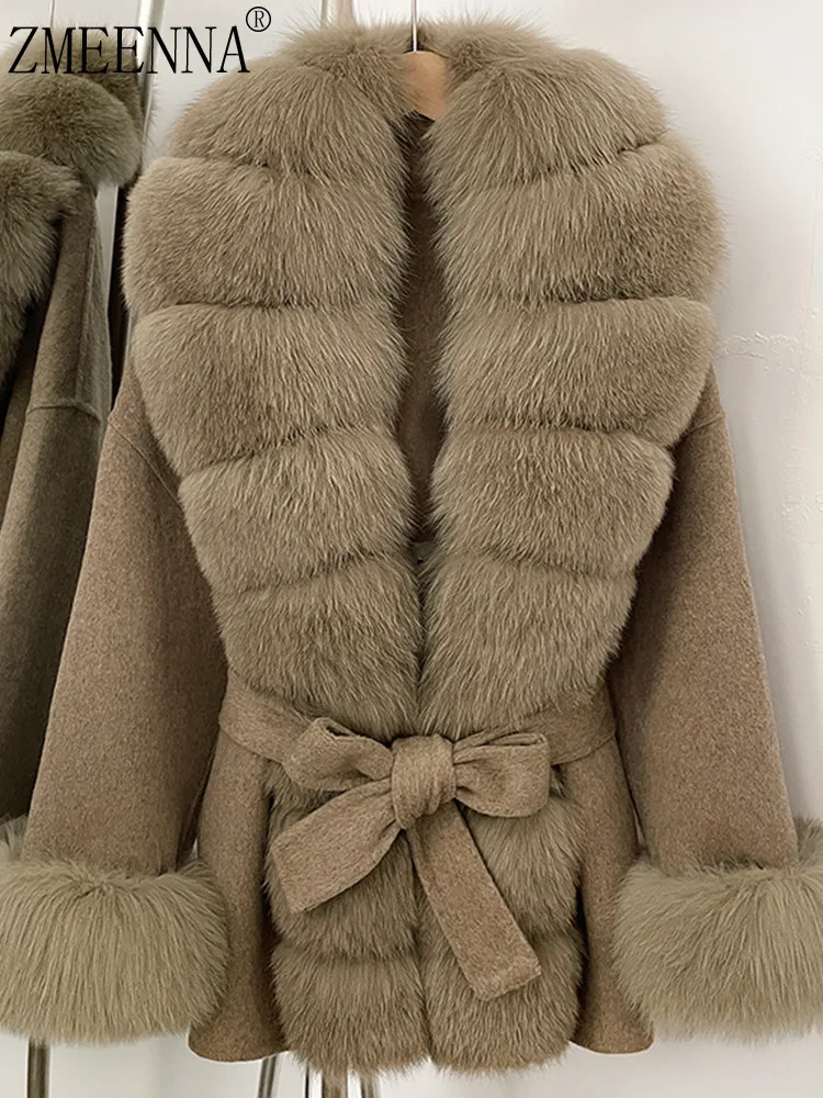 

ZMEENNA Elegant Faux Fur Trimmed Short Coat For Women Belt Stylish Warm Winter Outerwear With Side Pockets ZM4098