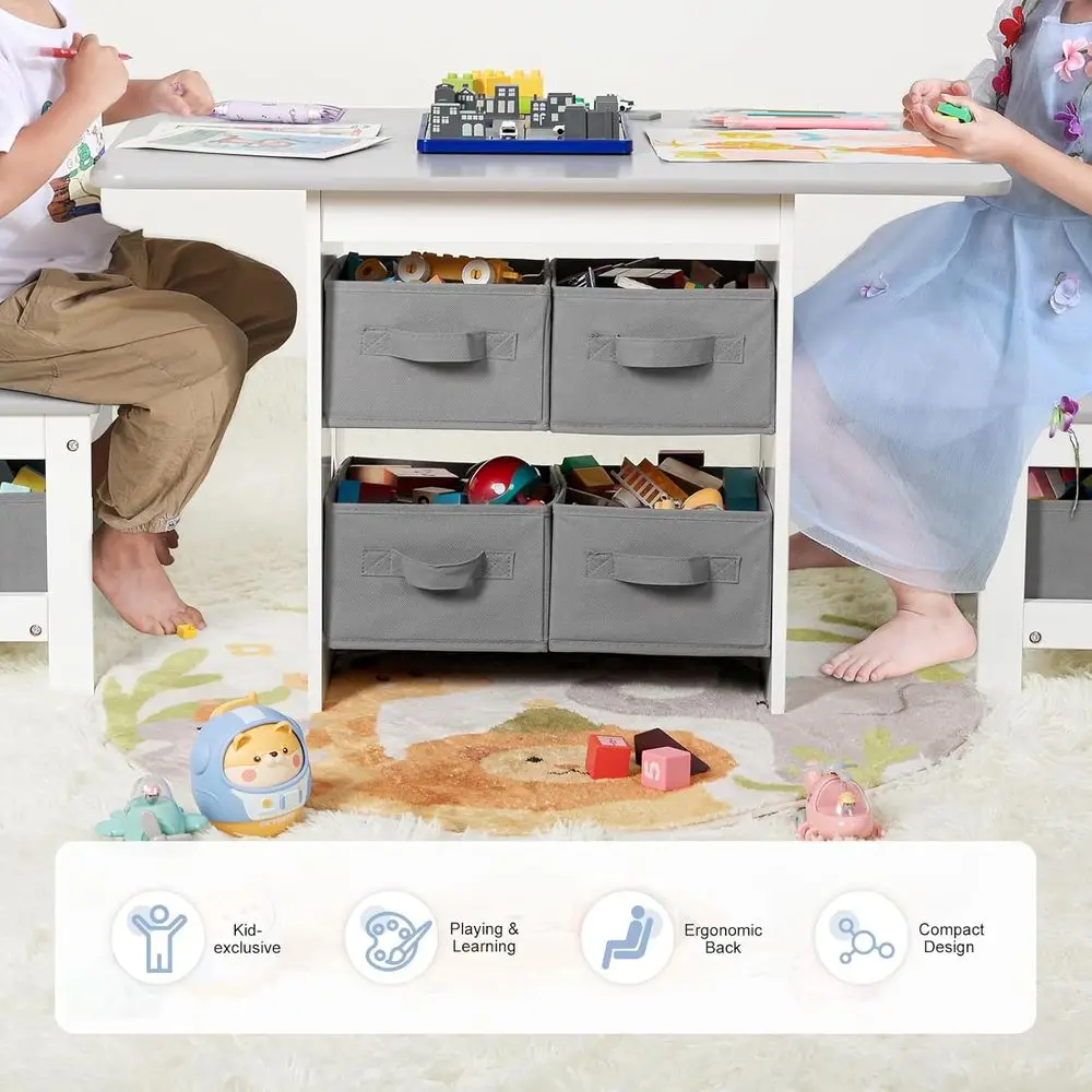 Ensemble bureau et chaises pour tout-petits en bois gris avec 2 chaises et 6 bacs de rangement, meubles pour enfants résistants à l'eau