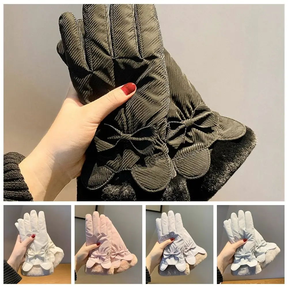 Cute Down Cotton Bow Anti-cold Mittens Touch Screen Soft Ears Finger Mittens Waterproof Swen Thickened Gloves Winter