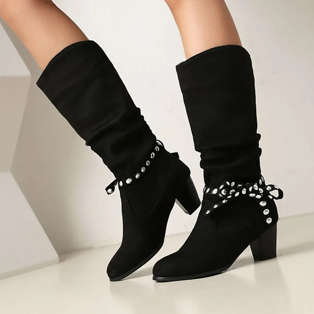 GIGIFOX Butterfly Knot Mid-calf Boots For Women Flock Rivet Pleated Chunky High Heel Pull-on Winter Shoes Goth Knee-high Boots