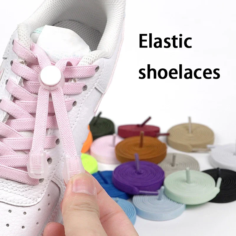 Lazy No Tie Flat Elastic Shoe Laces, Press Type Round Buckle Shoestrings, Stretch Replacement Flat Shoelace for Sports Sneakers