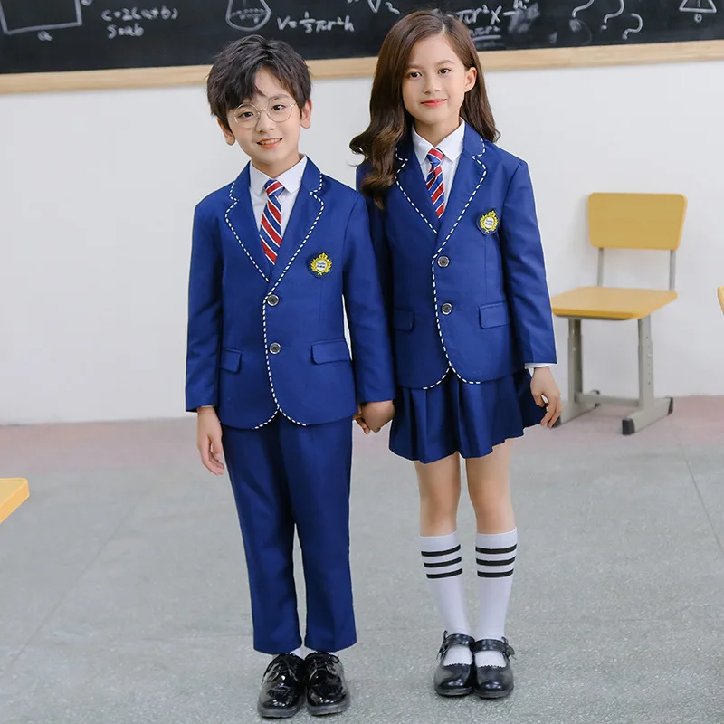 

Boys Girls Formal Ceremony Costume Children's Brithish Style School Uniform Kids blue Jacket Pant/Skirt Photography Suit