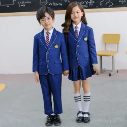 Boys Girls Formal Ceremony Costume Children's Brithish Style School Uniform Kids blue Jacket Pant/Skirt Photography Suit