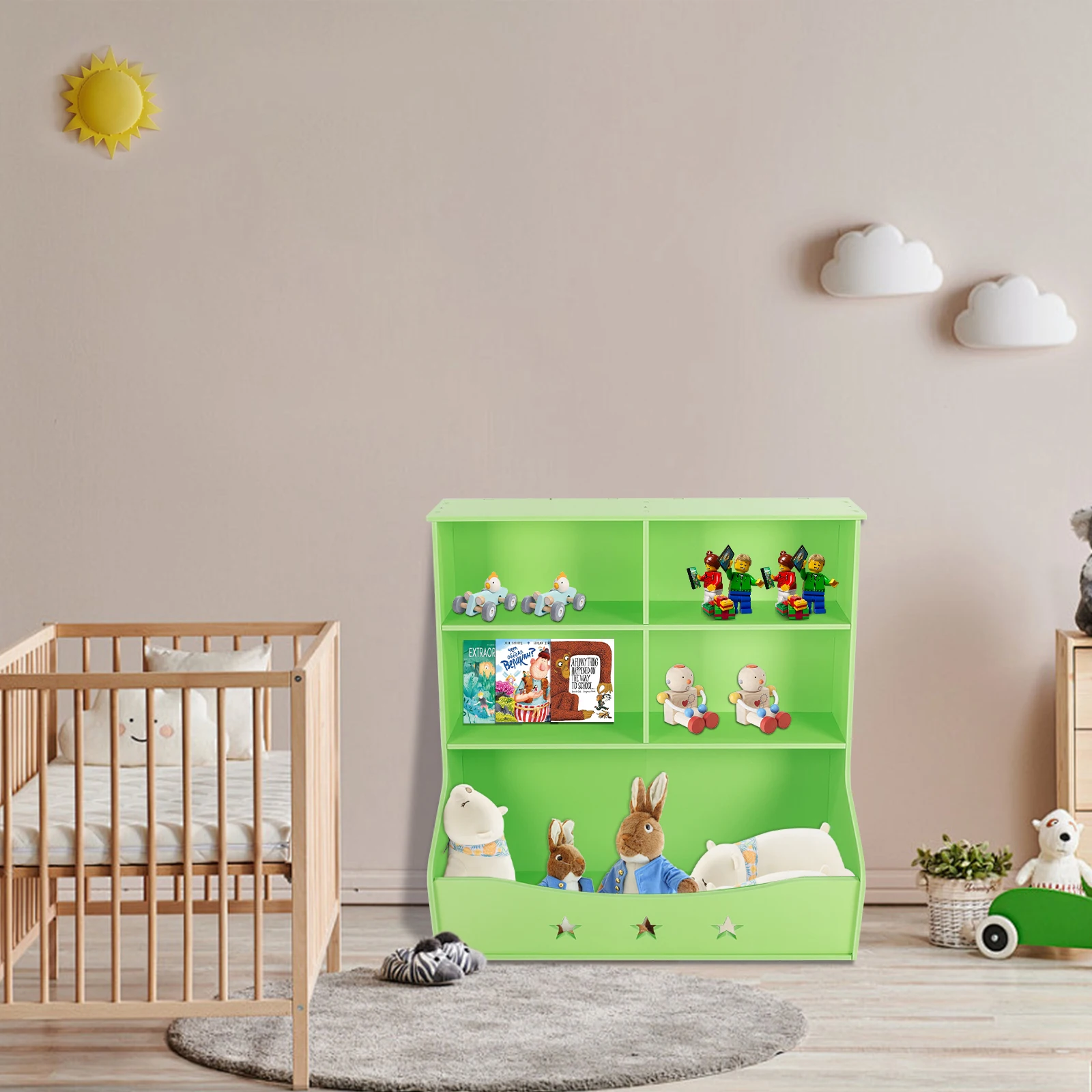 رف كتب للأطفال 3 طبقات خزانة ألعاب خفيفة خضراء رف كتب كابينة حوالي 79*36.5*82.5 سنتيمتر لغرفة المعيشة وغرفة النوم