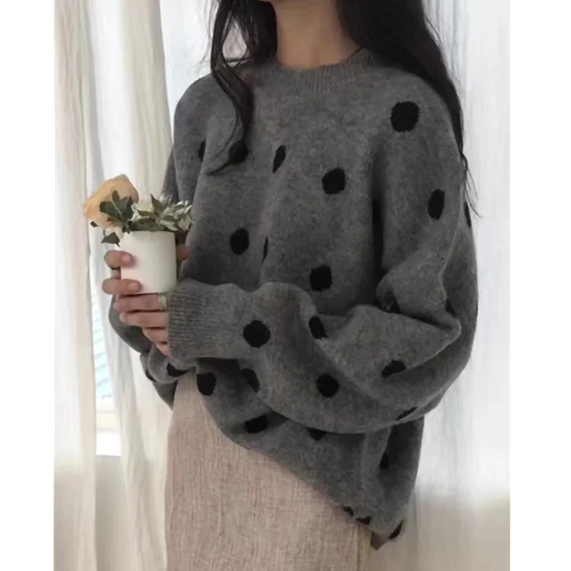 wave point thickened round neck pure woolen sweater woman autumn winter lazy loose cashmere knit sweater bottom sweater jacket