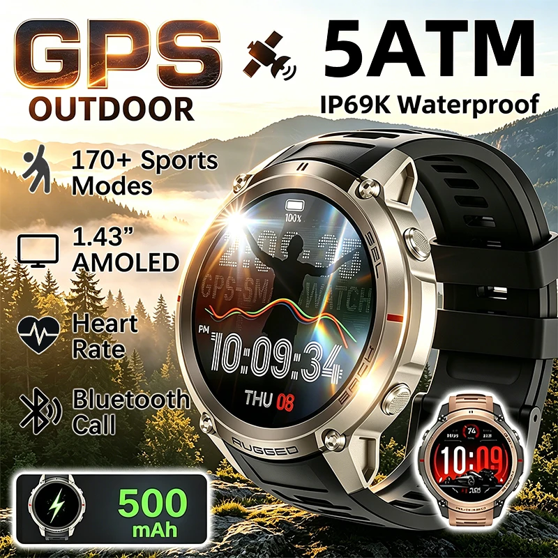 

2026New Outdoor GPS Smart Watch Offline Maps Download Compass Tracking 5ATM Waterproof Tactics Sport Smart Bracelet for Men Gift