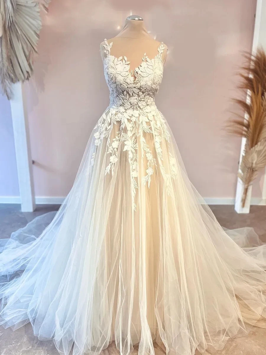 Boho Illusion Wedding Dresses Woman's A Line Sweetheart Appliques Ball Gowns Fuffy Tulle Formal Bride Party Vestidos Para Mujer