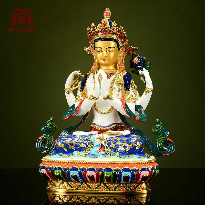Taiwanese copper-painted gold-plated portable statue of Bodhisattva, Tibetan four-armed Guanyin ornament