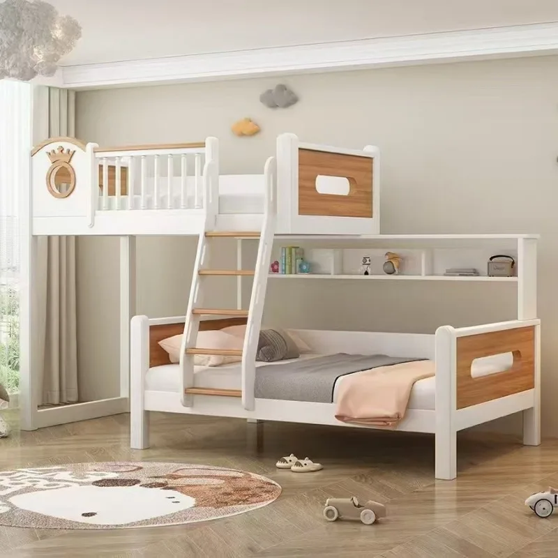 Solid wood upper and lower dislocation type children's bunk bed staggered small apartment combination child and mother bed