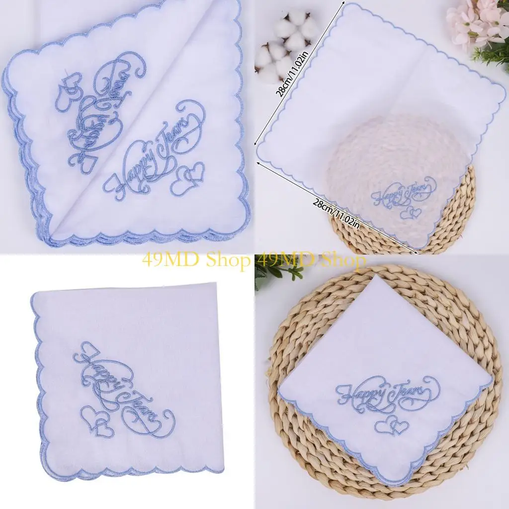 

49MD Embroidered Happy Tears Cotton Handkerchief Decorative Square Kerchief Wedding Gift Elegant Design Pocket Square