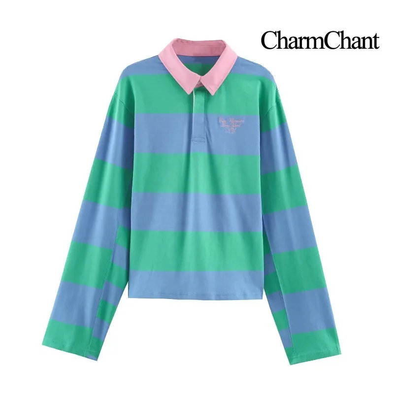 Camiseta Polo de Manga Larga a Rayas para Mujer CHARMCHANT, Camiseta de Rugby con Cuello en Contraste, Estilo Vintage Preppy, Top Casual de Algodón, Talla Grande, 2026