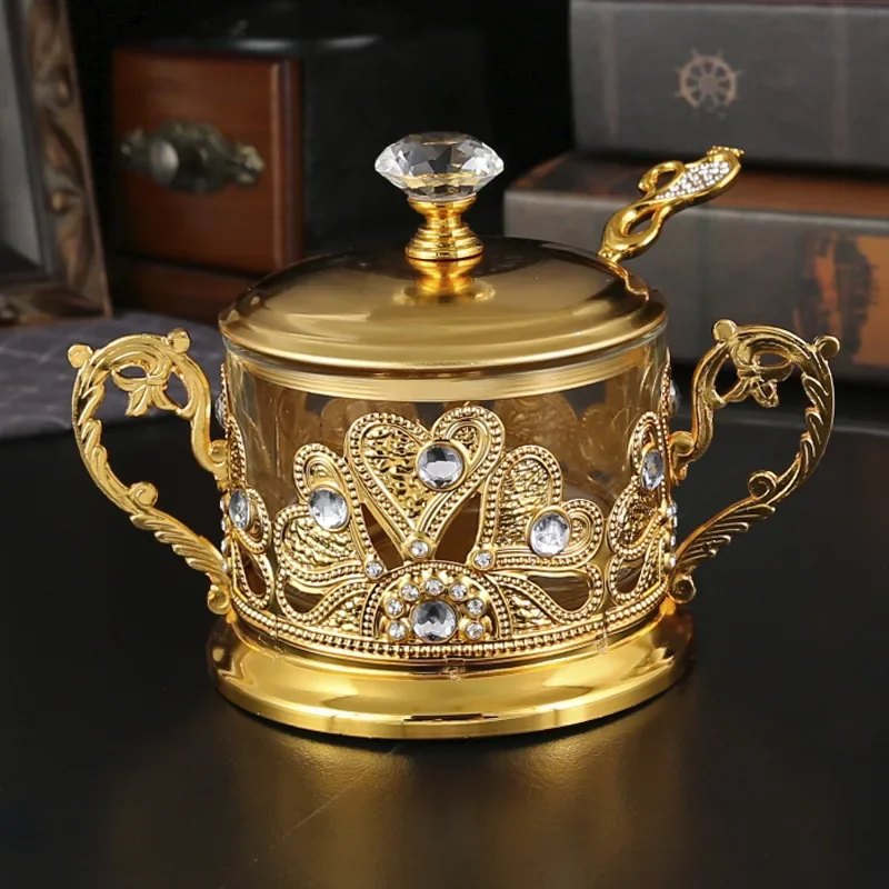 2025 hot-selling spot metal large sugar cup household European seasoning jar glass restaurant with spoon set