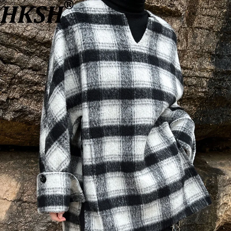 

HKSH 2023, осенне-зимнее новое женское двустороннее шерстяное пальто, клетчатый пуловер, универсальная элегантная модная повседневная теплая куртка HK13336