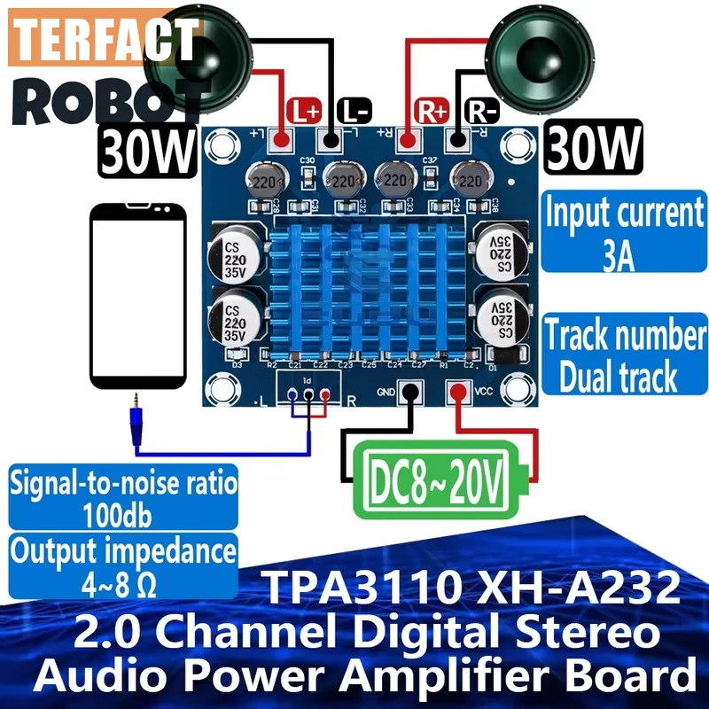 1PCS TERFACT ROBOT TPA3110 XH-A232 Digital Amplifier Board: 30W+30W 2.0 Channel Stereo – DC 8-26V 3A, for Arduino-Compatible