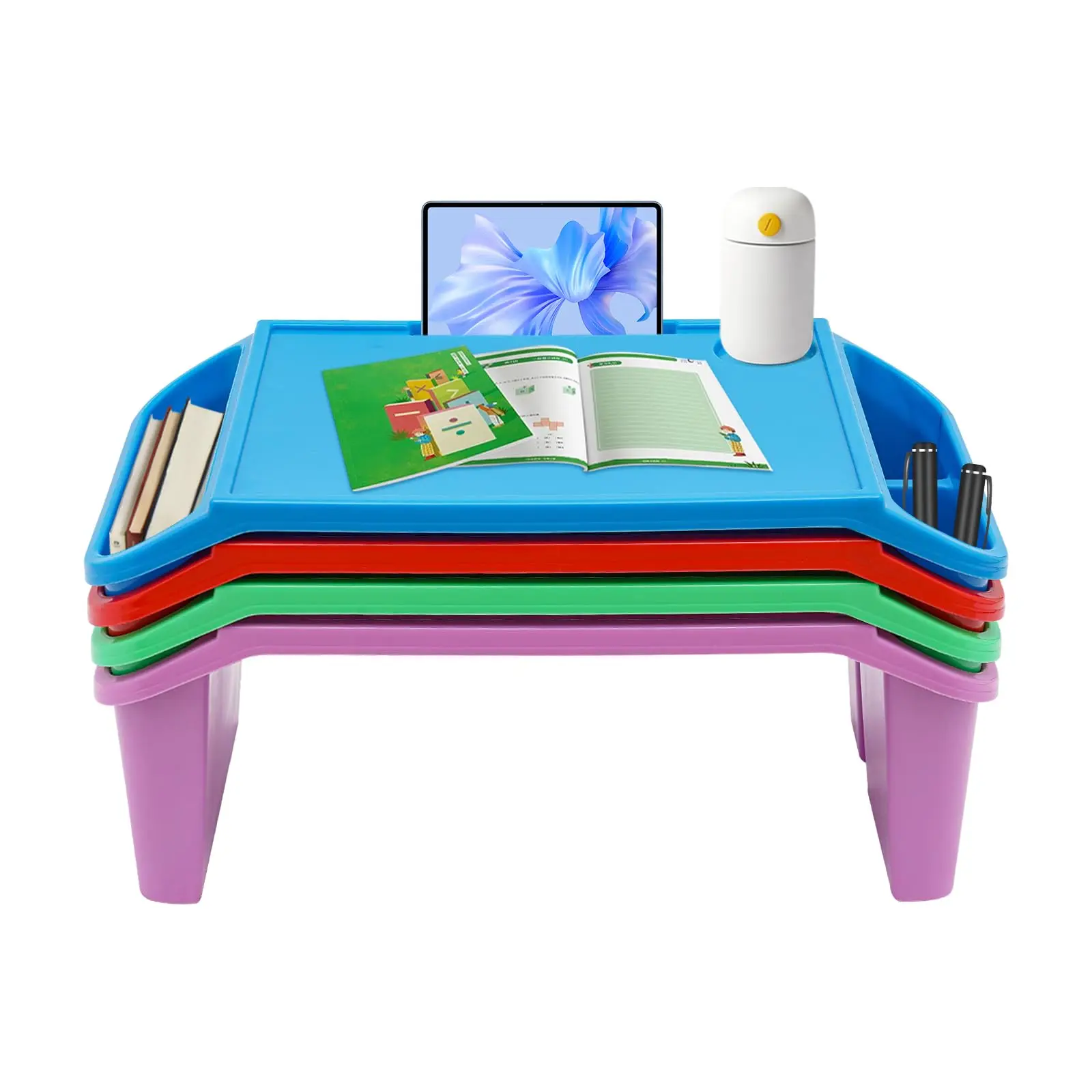 4Pcs Lap Desk Tray Plastic Breakfast Laptop Trays with Side Storage Pockets for Eating Writing Portable Snacks Lap Bed Table Ac