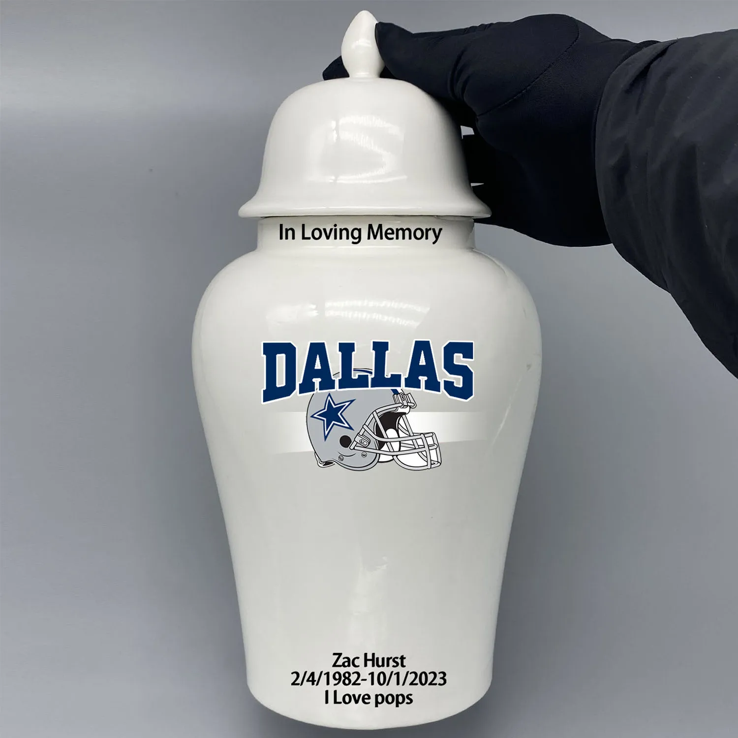 Large Urn for Dallas Cowboys-themed Logo Urn.Please send me the customize information-name/date and number on the urn