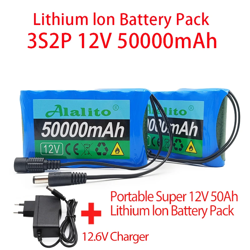 Original 3S2P 12V 50000mah 18650 Li-ion Battery Rechargeable 12.6V 50Ah,For Camera Monitor Replacement Battery + Charger