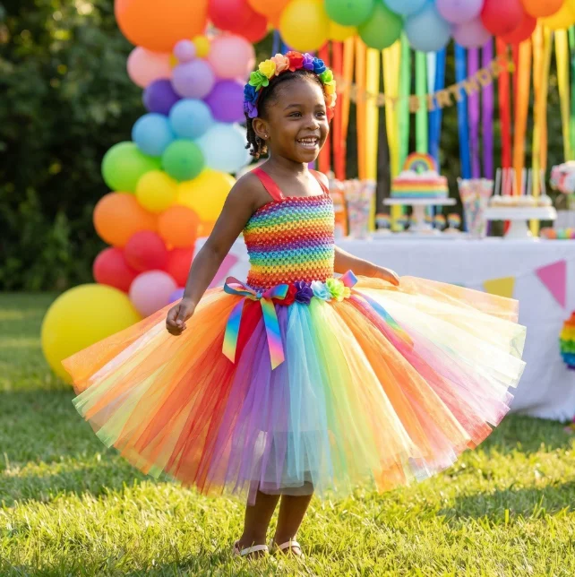Girls Rainbow Spaghetti Strap Fluffy Tulle Tutu Dress Outfit For Halloween Masquerade Party Role Play Stage Performance Clothing