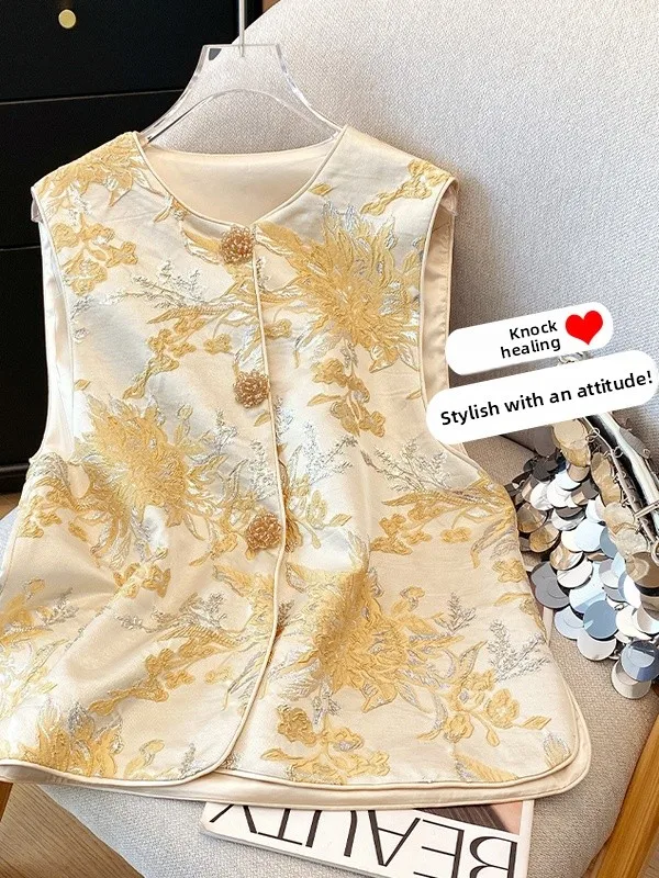 

Новая китайская модная жилетка с тяжелой вышивкой, круглым вырезом, высококачественная верхняя одежда в стиле Тан, тонкий полиэстеровый топ