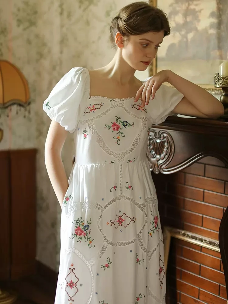 84-94cm Bust Spring Summer Women French Style Vintage Handmade Exquisite Full Embroidered White Cotton Dresses