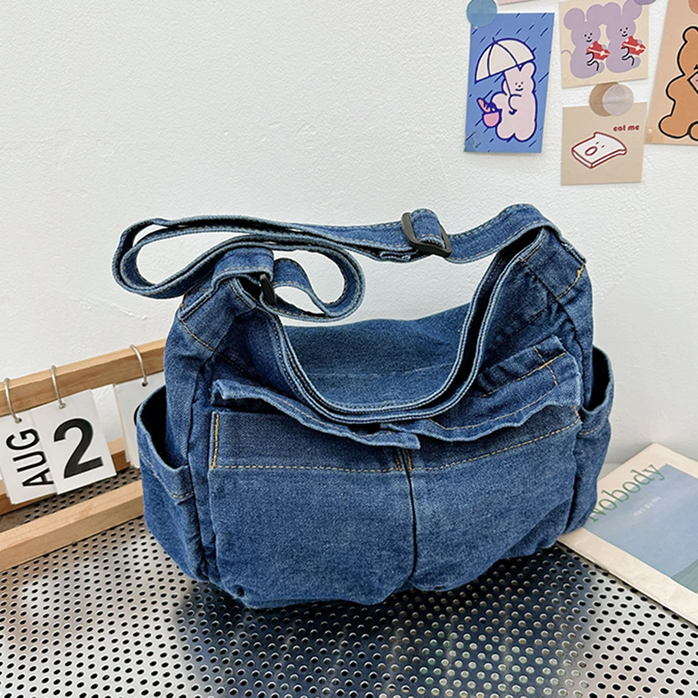 Denim Messenger Bag for Women Tote Bags Fashion Shoulder Bag Large Shopping Book Adjustable Strap Trendy Chic Hobo Crossbody Bag