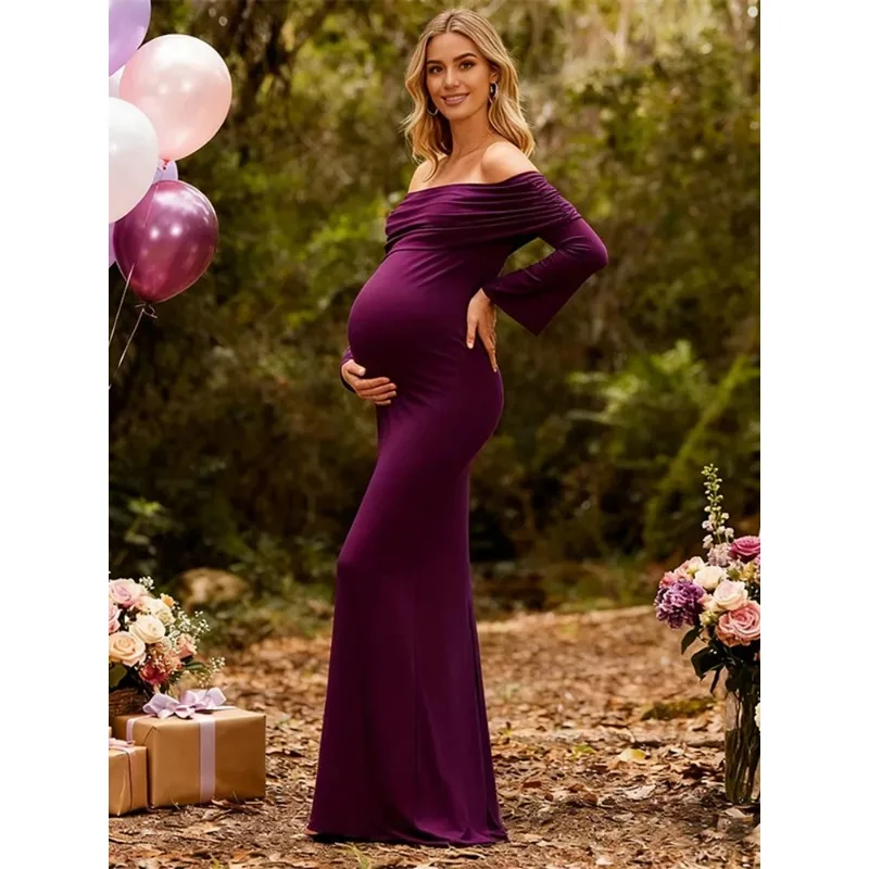 

Элегантное платье для беременных с открытыми плечами, драпировкой, длинными рукавами и боковым разрезом, темно-фиолетовое, для фотосессий и вечеринок в честь будущего малыша