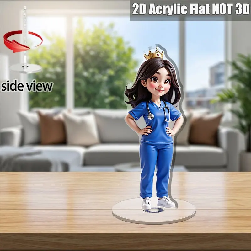 Acrílico 2D, artículo de exhibición de moda de acrílico giratorio de 1 pieza, corona de diadema de acrílico para mujer con diseño de bata médica azul, soporte de infusión suspendido con forma de globo con caja de líquido rosa y herramientas médicas, decoración para festivales de moda