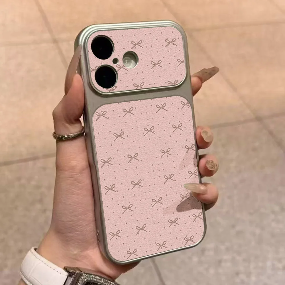 Étui de téléphone en cuir rose avec nœud pour iPhone 17 Pro Max 16 Pro 13 15 11 12 14 17promax 16promax, coque arrière souple de protection d'objectif