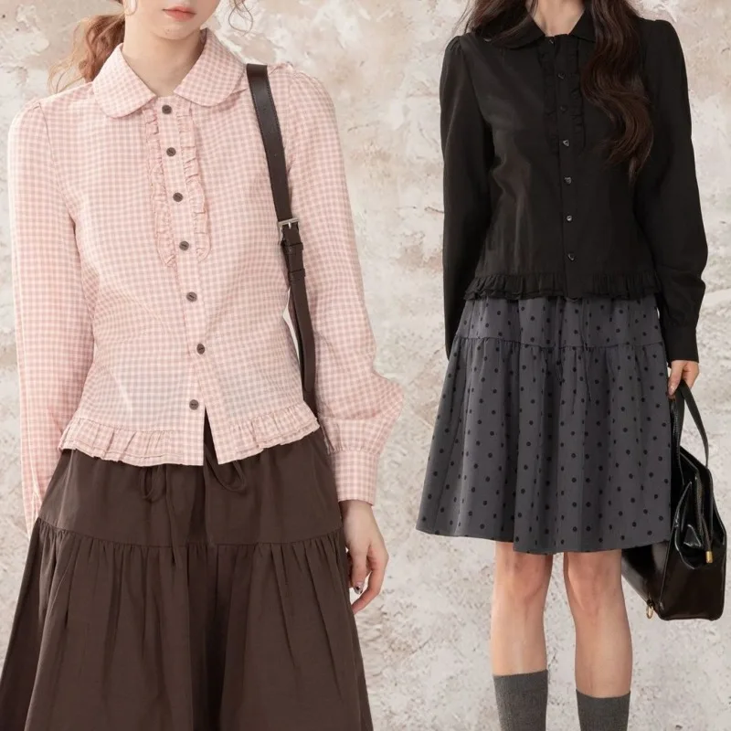 Kimotimo Sweet Plaid Long Sleeve Shirt Women Autumn Lapel Patchwork Ruffle Bandage Button Up Tops Fashion Y2k Versatile Blouse