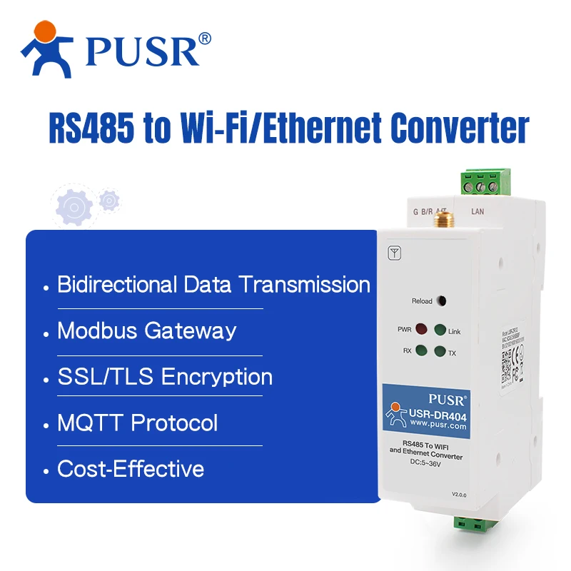PUSR DIN-Rail RS485 to WiFi Ethernet Converter Modbus RTU to Modbus TCP with MQTT SSL/TL DR404