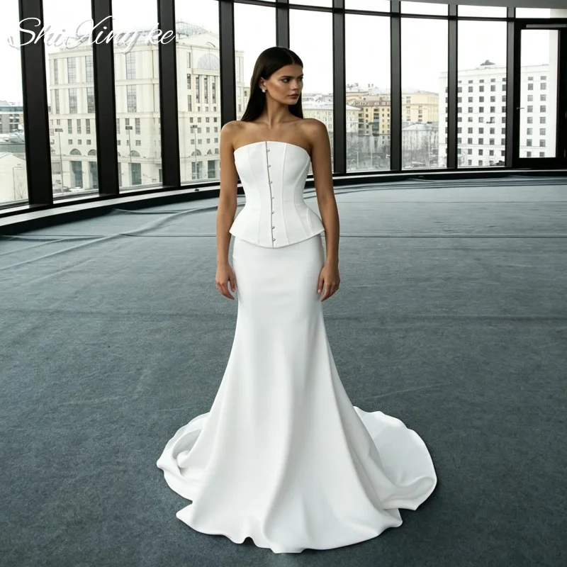 Trendy Two Piece Satin Wedding Dress Strapless Corset Mermaid Chapel Train Lace‑Up Back Bridal Gown Vestidos De Novia Customized