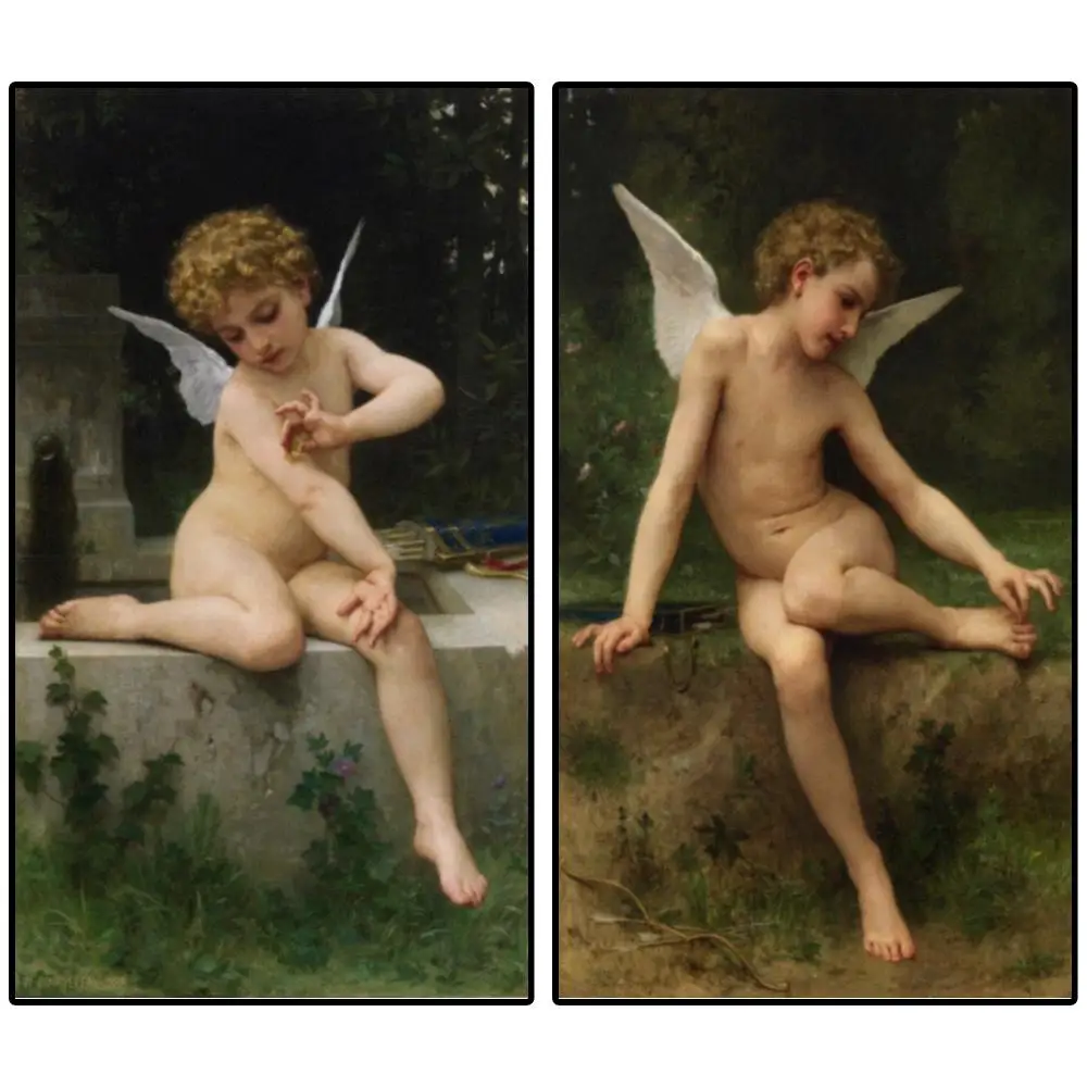 William-Adolphe Bouguereau Kiss Angel Canvas Print Cupid Butterfly Wall Art HD Classical Painting for Living Room Bedroom Decor
