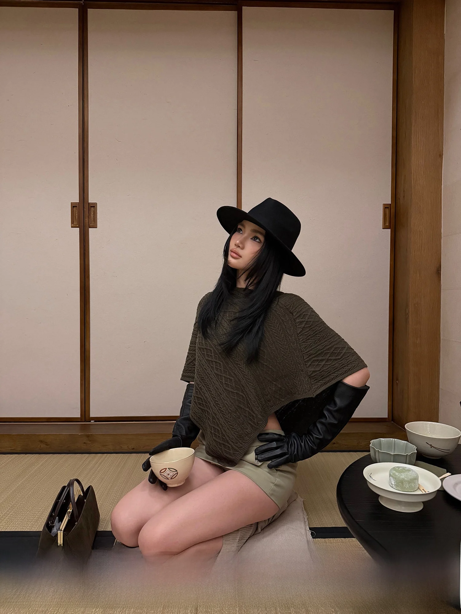 

Rovente Brown Open oulder Knitted Loose Coat Sweater High Sensation Asymmetrical Design Long Sve Women's Casual Faion