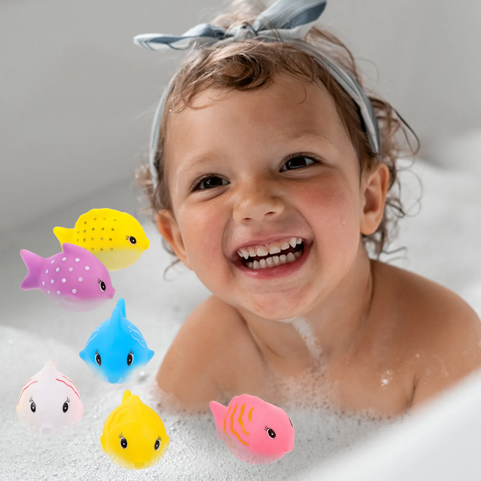 6Pcs Adorable Floating Vinyl Fish Bath Time Accessories for Baby Infant Colorful Animal Design Squeezable Sound Stimulate
