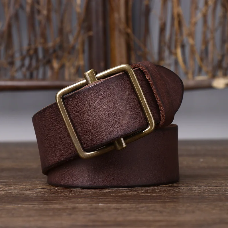 

Fashionable Men's No-Hole Leather Belt with Smooth Buckle Top Layer Cowhide Retro Minimalist Cowboy Waistband
