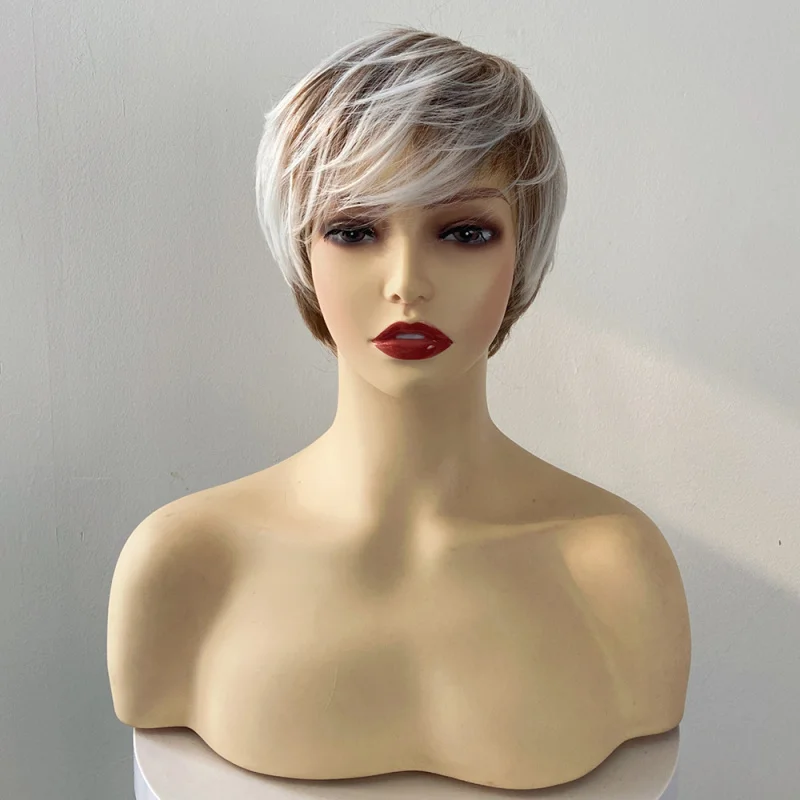 Picture 7: New European American black and white highlighted short hair for women, synthetic fiber machine-made wig