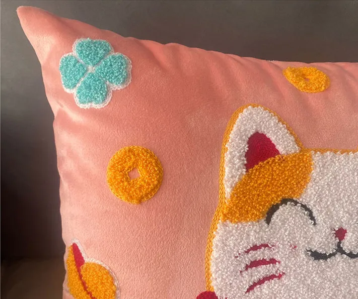 Cartoon Lucky Rich Cat Embroidered Pillowcase Back Cushion Cover Sofa Home Decor Kids Child Gift